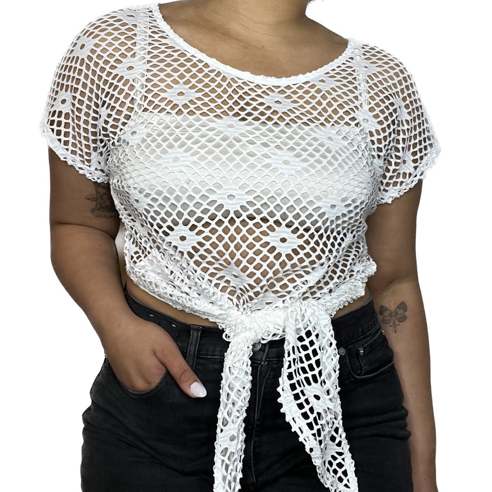 White Hearts of Palm Mesh Crotchet Cover Up Top